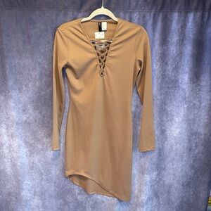 Lace-Up Asymmetric Hem Long Sleeve Dress - Tan
